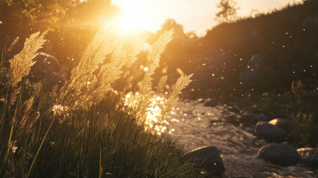 A breathtaking view of a river during sunset, highlighting sparkling water, golden sunlight, and swaying grasses, evoking a sense of tranquility and natural beauty.の素材