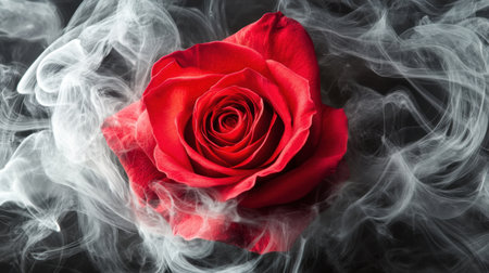 A breathtaking close-up of a red rose enveloped in soft white smoke against a dark backdrop, creating a serene and captivating atmosphere for artistic projects.の素材