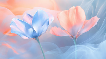 Experience the ethereal beauty of pastel flowers against a soothing background, embodying nature's tranquility and charm in an artistic representation of elegance.の素材