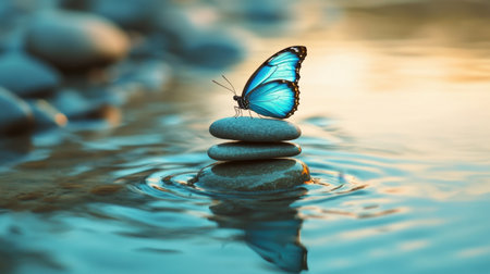 A stunning blue butterfly perches gracefully on a stack of smooth stones, creating a serene scene with gentle water ripples reflecting a calm atmosphere, perfect for nature lovers.の素材