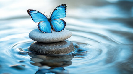 A stunning blue butterfly rests gently on smooth stones amid calm water, capturing the essence of peace and tranquility in nature's harmonious beauty.の素材