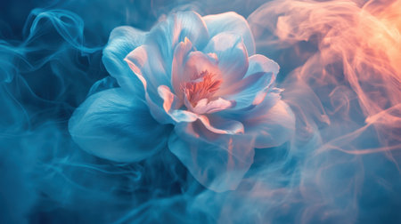 A captivating flower emerges from wisps of vibrant smoke, showcasing soft hues of blue and pink, creating a serene and mystical atmosphere full of beauty and tranquility.の素材
