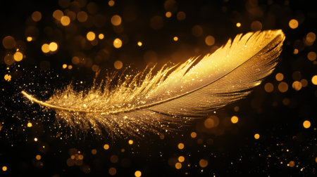 A stunning golden feather surrounded by sparkling bokeh effects on a dark background, ideal for projects related to luxury, elegance, and artistic expressions.の素材