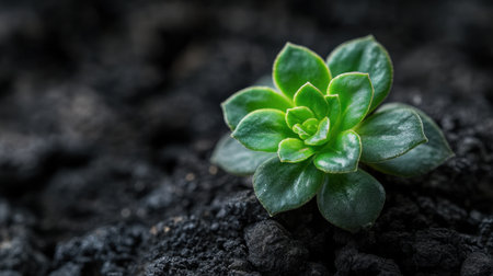 A stunning close-up of a green succulent plant emerging from dark soil, illustrating the beauty of nature with its thick leaves and serene presence in any setting.の素材
