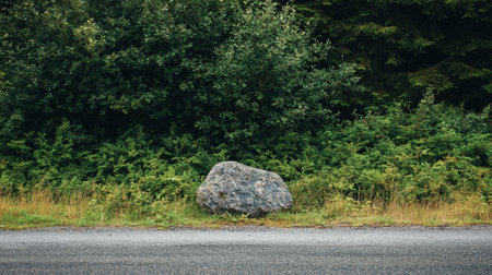 A picturesque view of a large stone resting by a roadside, surrounded by lush green foliage and dense bushes, showcasing the peaceful charm of nature in an idyllic setting.の素材