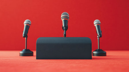 This image showcases three microphones on stands before a black podium, set against a vibrant red background, perfect for events emphasizing communication and media engagement.の素材