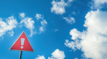 A striking warning sign featuring an exclamation mark stands prominently against a bright blue sky with soft clouds, conveying messages of caution and alertness for various settings.の素材