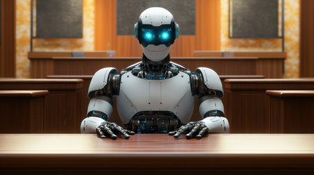 This captivating image features a futuristic robot seated in a well-designed courtroom, embodying the intersection of technology and law in an innovative judicial atmosphere.の素材
