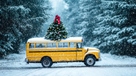 A charming yellow school bus carries a vibrant Christmas tree on its roof, set against a serene snowy landscape, evoking warmth and holiday spirit amidst falling snowflakes.の素材