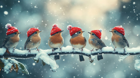 A charming scene featuring small birds wearing bright red hats perched on a snowy branch, creating a whimsical winter wonderland atmosphere amidst gentle snowfall.の素材