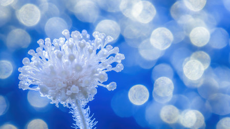 A stunning close-up of a delicate white flower showcasing intricate structure, set against a dreamy blue backdrop with sparkling bokeh lights, capturing nature's beauty.の素材