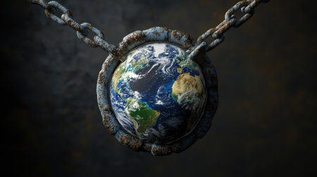 A striking image featuring a globe suspended by a rusty chain, representing the fragile connection between the earth and humanity amidst environmental challenges.の素材