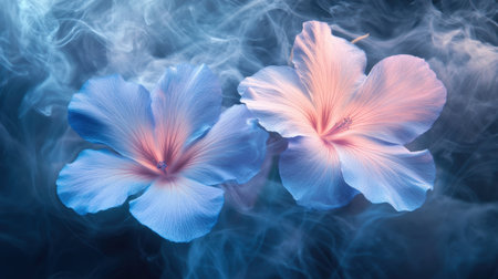 This stunning image features two blue hibiscus flowers surrounded by soft pastel hues and wispy smoke, evoking a tranquil and ethereal ambiance for nature enthusiasts.の素材