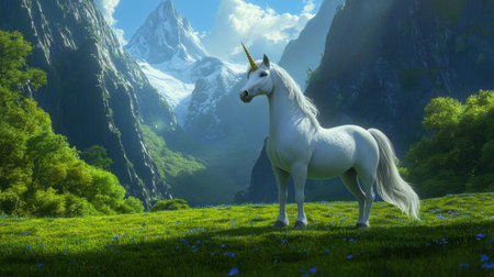 A breathtaking view of a unicorn standing gracefully in a vibrant meadow, surrounded by majestic mountains and a bright blue sky, evoking a sense of magic and tranquility.の素材