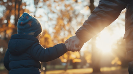 A captivating scene featuring a parent and child holding hands against a backdrop of autumn trees, capturing the essence of love, connection, and warmth in nature.の素材