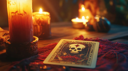 A dimly lit scene featuring a skull-themed card placed on a rustic table surrounded by glowing candles, evoking intrigue and a sense of the mystical. Perfect for themed projects.の素材