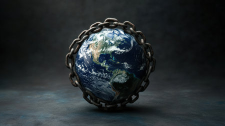 An impactful visual of the Earth encircled by heavy chains, representing the pressing environmental challenges and our collective responsibility to protect and sustain our planet.の素材