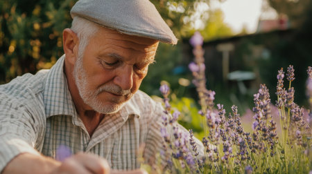 A thoughtful elderly man tending to lavender flowers in a peaceful garden. This image captures the beauty of nature and the joy in gardening, reflecting tranquility and serenity.の素材