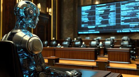 A futuristic robot sits in a modern courtroom, illustrating the integration of artificial intelligence into legal settings, reflecting innovation and ethical discussions on technology's role in justice.の素材