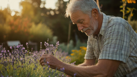 An elderly man enjoys a peaceful moment in a vibrant garden, tending to lavender flowers during golden hour, showcasing the beauty and tranquility of nature.の素材