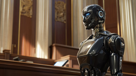 A sleek robot stands in a modern courtroom, symbolizing the future of justice and technology. The elegant setting highlights advancements and ethical considerations in legal systems.の素材