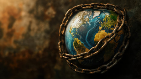 A striking image depicting Earth surrounded by heavy chains, symbolizing the themes of restriction and environmental protection in a global context.の素材