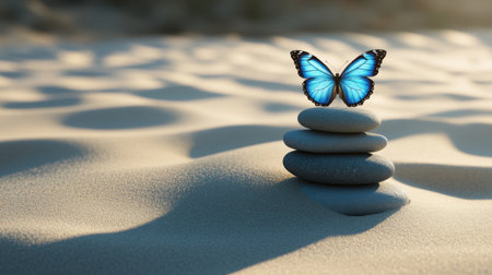 A beautiful composition featuring a butterfly perched atop stacked stones on a sandy surface, highlighting the themes of tranquility and balance in nature.の素材