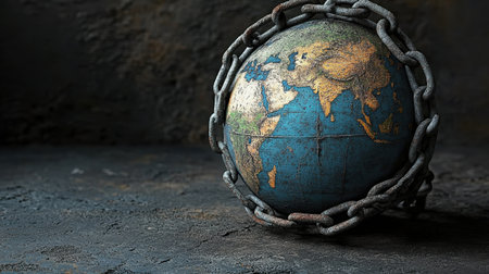 A striking visual of a globe ensnared in rusty chains, representing the barriers to freedom and connection in a fractured world, evoking deep thoughts and reflections.の素材