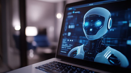A close-up view of a laptop displaying a futuristic robot interface, highlighting advanced technology and the concept of AI in a modern workspace, suggesting innovation and digital interaction.の素材