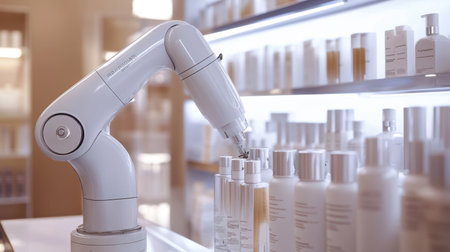 Robotic technology enhancing retail experience by dispensing beauty products in a modern setting, illustrating the merging of innovation and consumer convenience in shopping environments.の素材