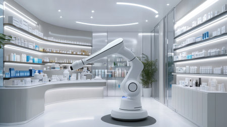 A state-of-the-art robotic assistant stands in a stylish beauty store, surrounded by organized shelves of skincare products, reflecting modernity and technology in retail.の素材