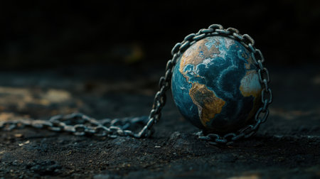 This powerful image showcases a globe restrained by chains, symbolizing the urgent environmental challenges and the impact of human actions on Earth's delicate balance.の素材