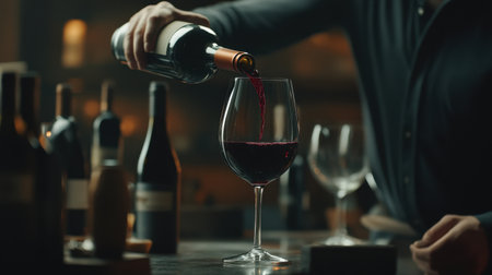 A cozy bar scene featuring a hand pouring rich red wine into a glass, showcasing the artistry of wine service amidst fine bottles. Perfect for wine enthusiasts.の素材