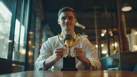 A young man proudly holds a trophy in a modern cafe, showcasing his achievement with a bright smile. The scene captures the essence of success and motivation in a vibrant setting.の素材