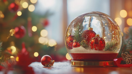 A stunning Christmas snow globe featuring red ornaments and artificial snow, set against a cheerful festive background with sparkly lights and a cozy atmosphere.の素材