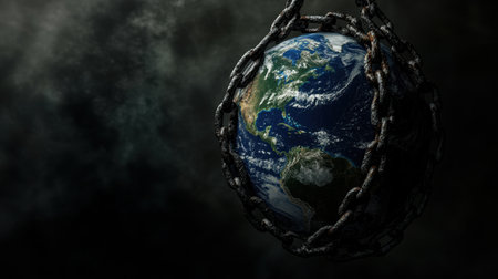 A powerful depiction of the Earth encircled by heavy chains, signifying the struggles and responsibilities of humanity towards the environment in a dramatic setting.の素材