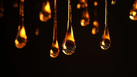 Mesmerizing golden liquid drops suspended in mid-air against a dark backdrop, showcasing brilliant reflections and elegant textures, perfect for an artistic visual experience.の素材