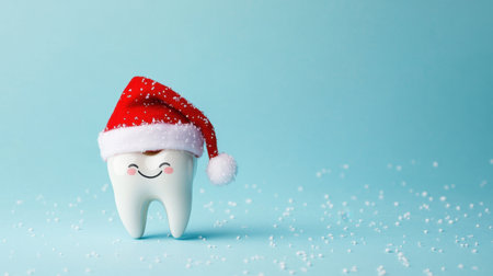 A fun and festive tooth character wearing a Santa hat, surrounded by snowflakes, ideal for holiday-themed dental health campaigns and joyful winter celebrations.の素材