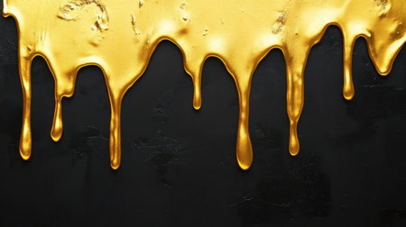 A stunning close-up of golden liquid dripping against a black surface, offering an elegant and luxurious visual for artistic and design applications. Perfect for backgrounds or textures.の素材
