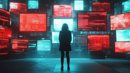 A striking silhouette of a person stands before illuminated digital screens filled with red and blue data, evoking themes of technology, analysis, and the future of information.の素材