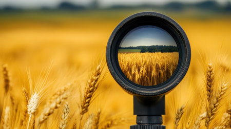 A stunning view of a camera lens reflecting golden wheat fields under a bright blue sky, showcasing the essence of nature's beauty and abundance in agriculture.の素材