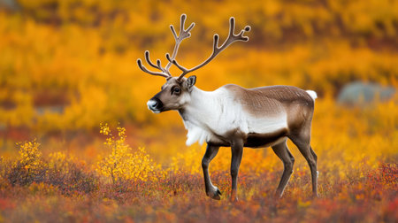 A beautiful reindeer strolls gracefully across an enchanting autumn landscape, showcasing rich colors and serene nature in a captivating wilderness setting.の素材