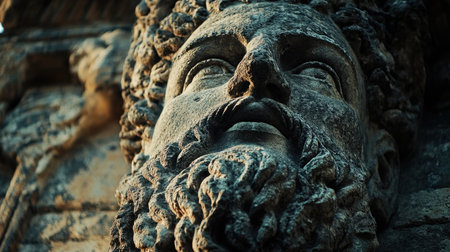 A detailed close-up of a majestic stone sculpture depicting a bearded male figure, showcasing intricate craftsmanship and rich textures against a historical architectural backdrop.の素材