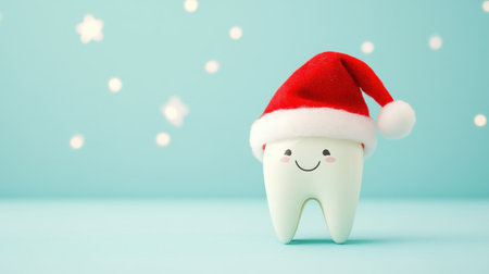 A charming cartoon tooth character wearing a Santa hat, set against a soft blue background with whimsical holiday decorations, perfect for dental care themes during the festive season.の素材