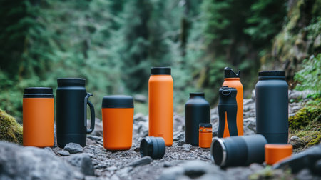 Explore a diverse collection of stylish drinkware showcasing black and orange designs set against a beautiful natural backdrop, perfect for adventure enthusiasts.の素材