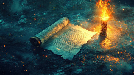 An ancient scroll illuminated by a mystical flame reveals the secrets of knowledge. This captivating scene evokes a magical exploration of history and illumination.の素材