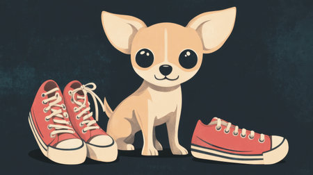 Adorable illustration of a cartoon Chihuahua with large eyes and red sneakers, perfect for designs aimed at children or animal enthusiasts. A fun and playful artwork.の素材