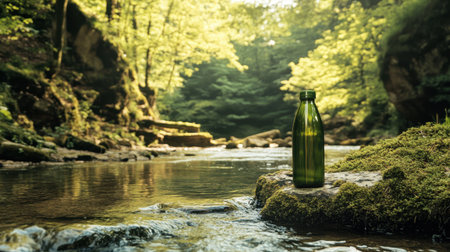 A green glass bottle rests on a moss-covered rock by a serene stream, surrounded by lush trees, illustrating the harmony of nature and the importance of sustainability in everyday life.の素材