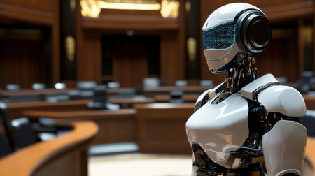 A sophisticated humanoid robot in a sleek design stands inside a modern courtroom, highlighting the intersection of technology and law in future judicial systems.の素材