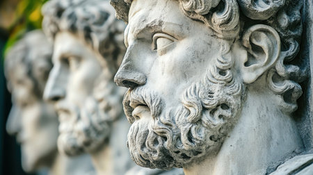 This striking close-up showcases classic marble statues of ancient bearded men, highlighting exquisite artistry and intricate details in an outdoor setting.の素材